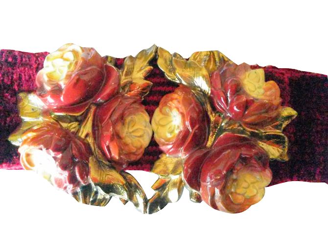 Autre Marque Cintura larga in velluto elastica con fibbia a fiore in metallo rosso rubino Bordò - vista 2