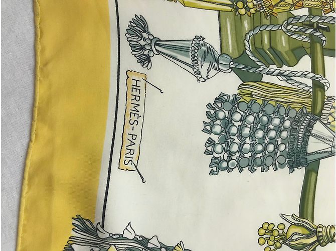 Hermès 100% Seidentuch "Pasementerie" Vintage Weiß Blau Gelb - Ansicht 2