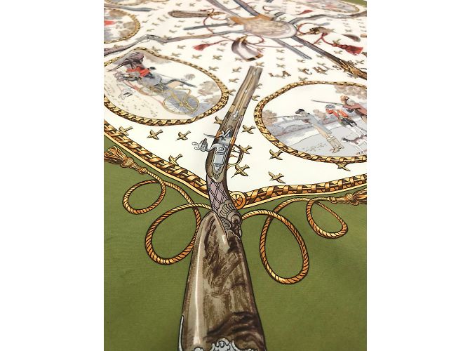Hermès 100% Seidentuch "LA CHASSE A TIR" Braun Beige Golden Grün - Ansicht 3