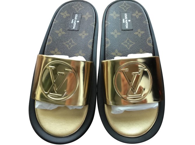 Louis Vuitton Sliders Brown Beige Golden Leather Cotton ref.84421