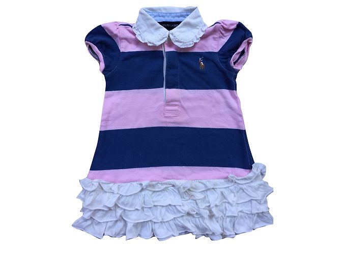 Ralph Lauren Mädchen Kleid und Höschen Set Baumwolle Rosa Marine 18m Pink Weiß Marineblau - Ansicht 2
