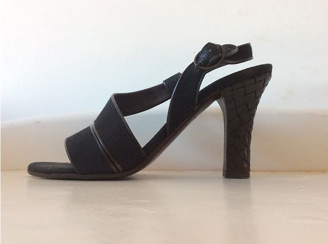 Sandali Bottega Veneta Intrecciato Pelle e Lino Nero Marrone Marrone scuro - vista 6