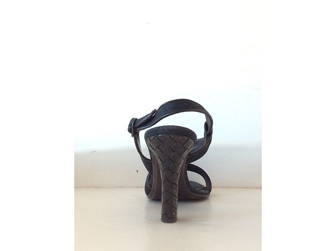 Sandali Bottega Veneta Intrecciato Pelle e Lino Nero Marrone Marrone scuro - vista 7