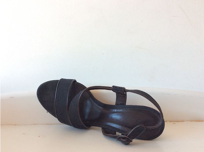 Sandali Bottega Veneta Intrecciato Pelle e Lino Nero Marrone Marrone scuro - vista 9