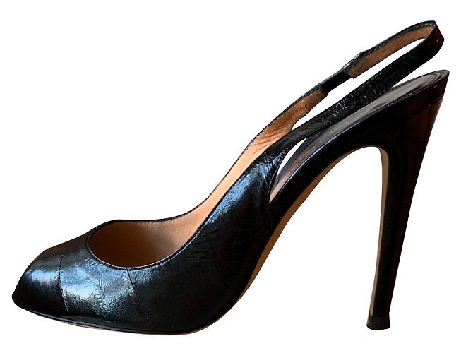 Sandali Sergio Rossi Peep Toe Slingback in Pelle di Anguilla Nera Nero - vista 2