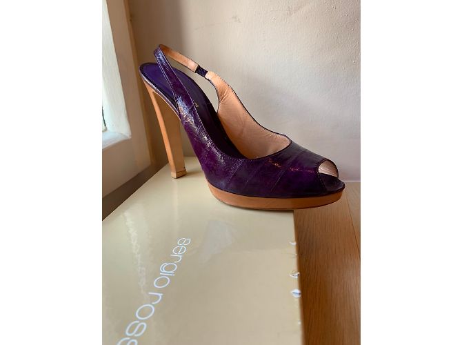 Sandali Sergio Rossi Peep Toe con Plateau Viola in Pelle di Anguilla Porpora - vista 8