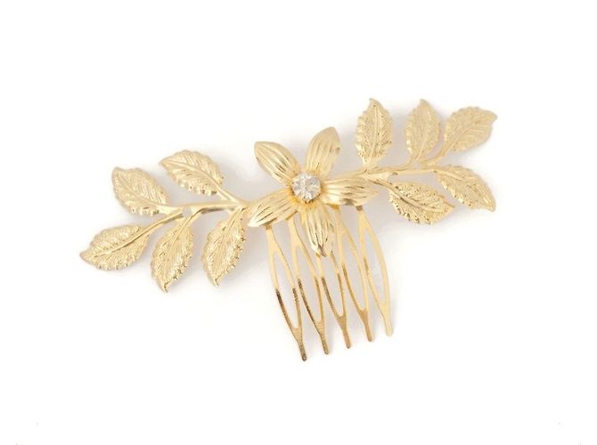 Autre Marque Pettine per chignon foglie e fiori placcato oro con cristallo Dourado - vista 2