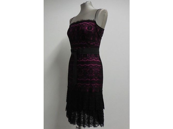 Abito da cocktail Marchesa Notte in seta fucsia e pizzo nero Fuschia - vista 2