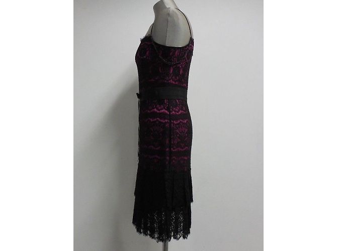 Abito da cocktail Marchesa Notte in seta fucsia e pizzo nero Fuschia - vista 3