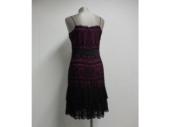 Abito da cocktail Marchesa Notte in seta fucsia e pizzo nero Fuschia - vista 4