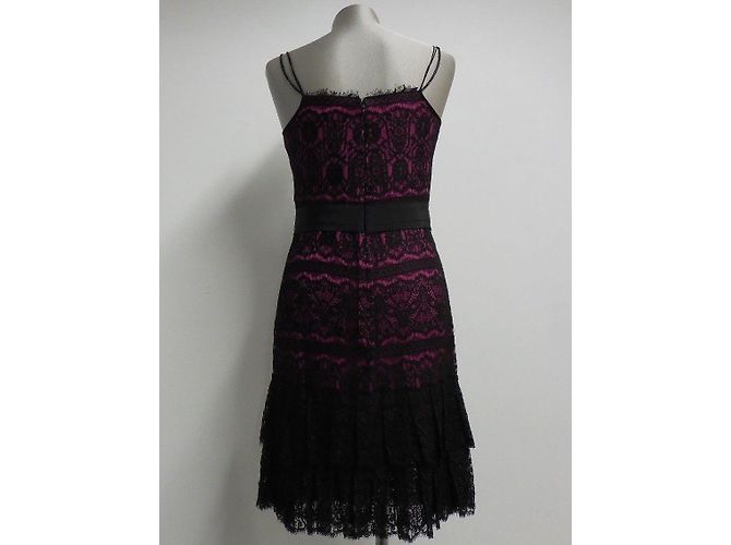 Abito da cocktail Marchesa Notte in seta fucsia e pizzo nero Fuschia - vista 5
