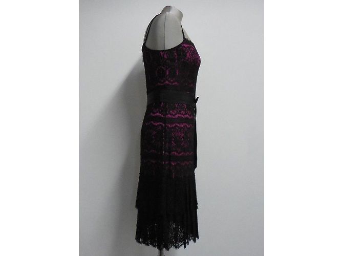 Abito da cocktail Marchesa Notte in seta fucsia e pizzo nero Fuschia - vista 6