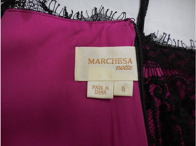 Abito da cocktail Marchesa Notte in seta fucsia e pizzo nero Fuschia - vista 7