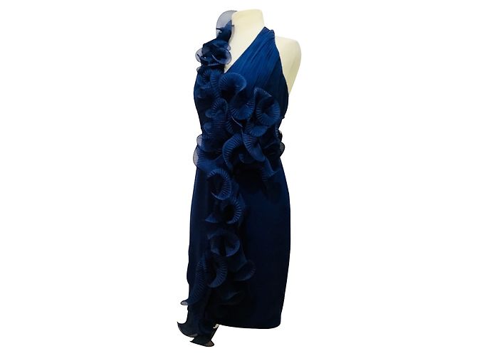 Marchesa Notte Seiden Neckholder Kleid mit Blumengirlande dunkelblau - Ansicht 2
