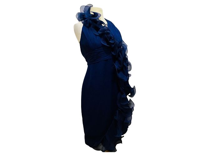 Marchesa Notte Seiden Neckholder Kleid mit Blumengirlande dunkelblau - Ansicht 3