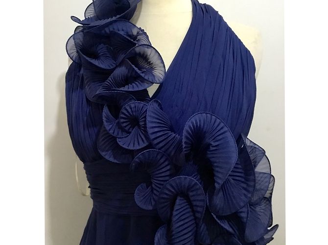 Marchesa Notte Seiden Neckholder Kleid mit Blumengirlande dunkelblau - Ansicht 4