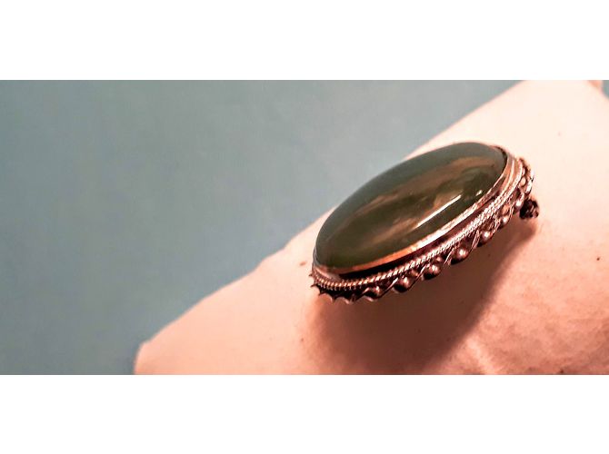 inconnue Ciondolo / spilla ovale in argento con cabochon in pietra jadejade - vista 4
