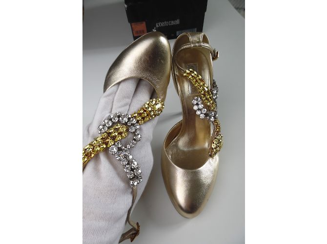 Décolleté Roberto Cavalli in pelle dorata con dettagli serpente e cristalli D'oro - vista 2
