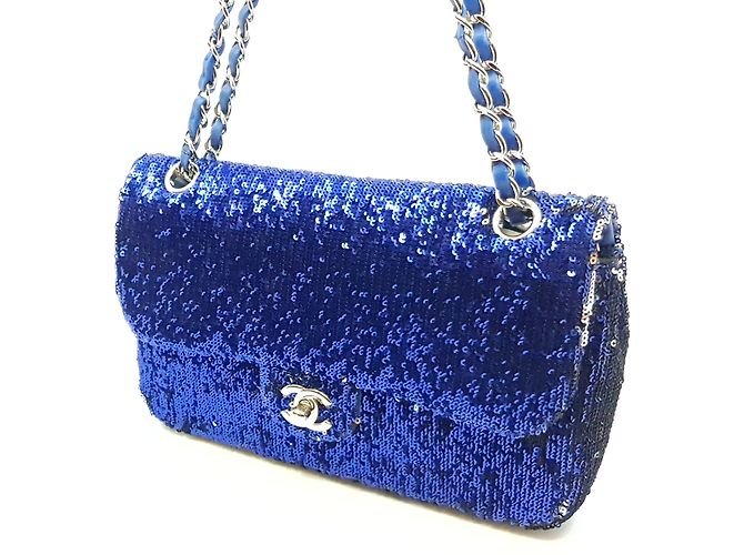 Timeless Chanel Handtasche Silber Blau Marineblau - Ansicht 3