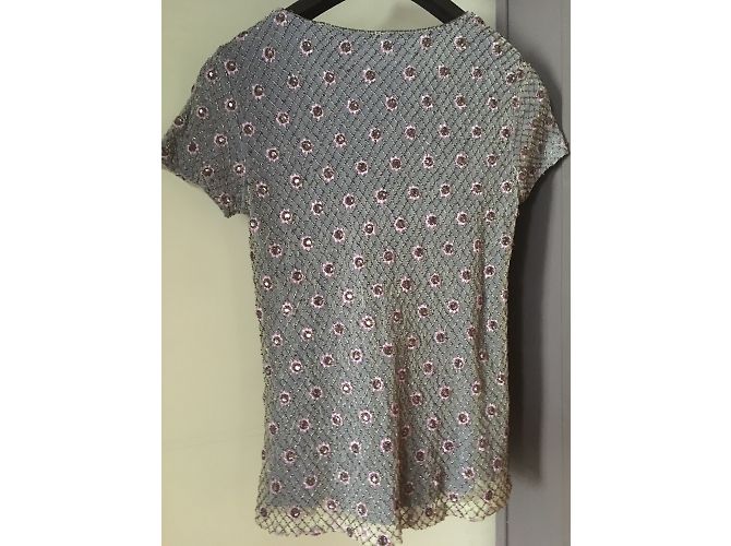 Antik Batik Top Camiseta Bordada con Perlas Rosa Azul Algodón - vista 3