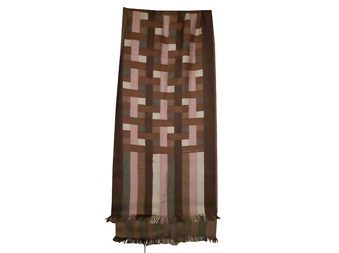 Bufanda Hermès de Seda y Cachemira Rosa Beige Marrón Marrón oscuro - vista 2