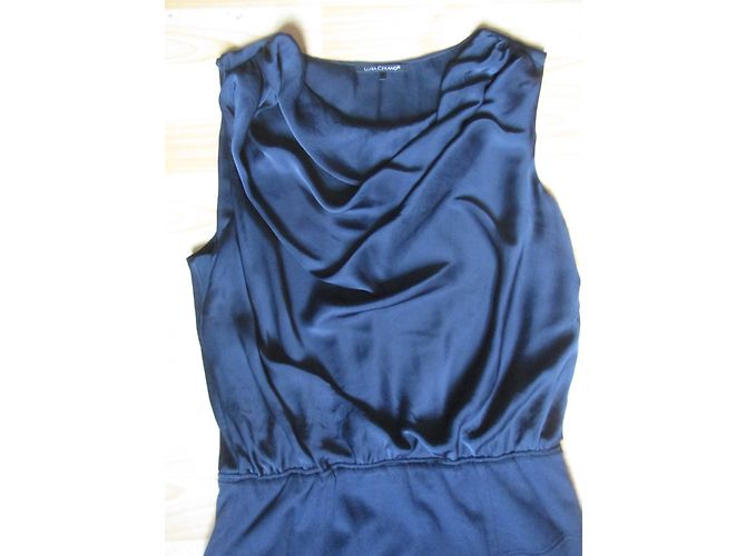 Abito Luisa Cerano Blu Navy in Satin e Cotone con Collo Alto - vista 3