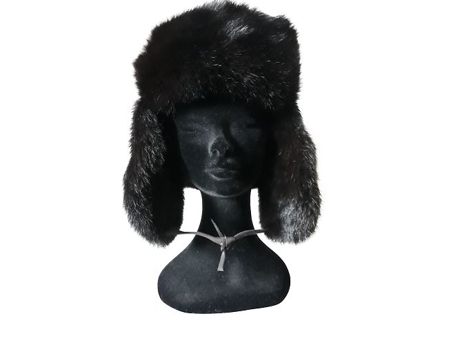 Autre Marque Schwarze Wildleder Mütze mit Kaninchenfell - Ansicht 2