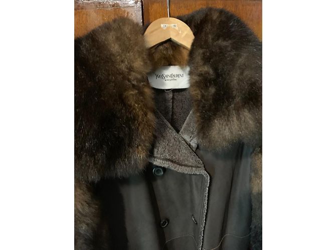 Abrigo Yves Saint Laurent de cuero y visón marrón Castaño - vista 5