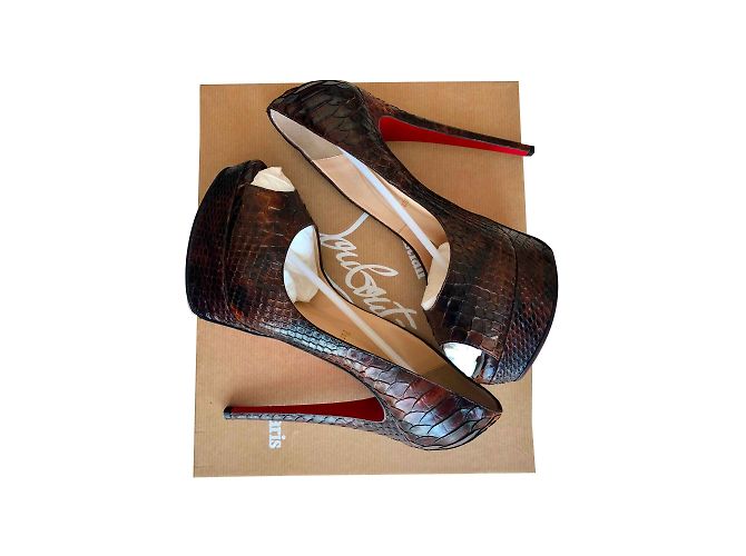 Décolleté Christian Louboutin Lady Peep Python Marrone Caramello - vista 2