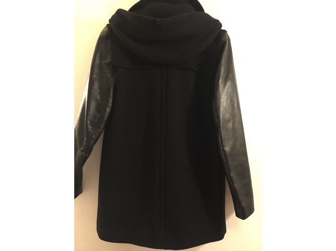 Sandro Dufflecoat aus blauer Wolle mit schwarzen Lederärmeln Marineblau - Ansicht 3