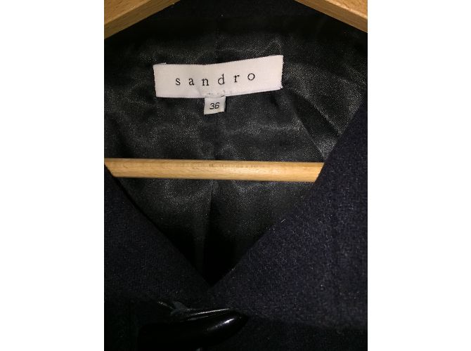Sandro Dufflecoat aus blauer Wolle mit schwarzen Lederärmeln Marineblau - Ansicht 4