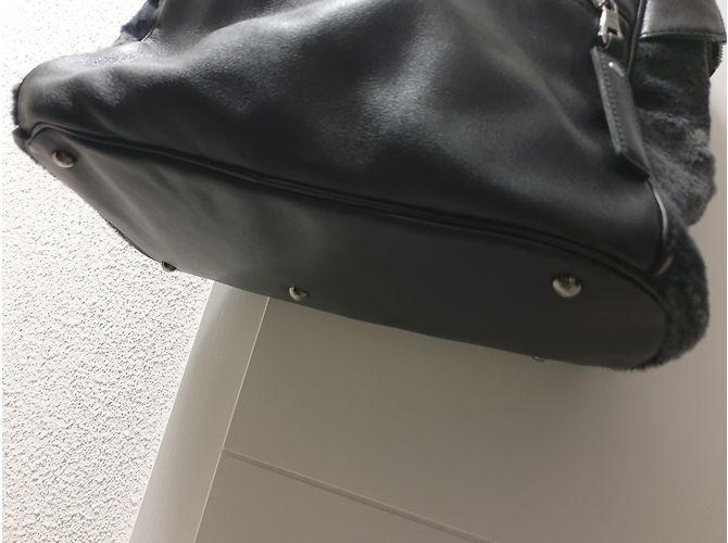 Borsa a mano Longchamp Cosmos in pelle nera e pelliccia grigia Nero Grigio - vista 4