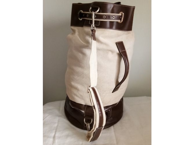 Borsa da viaggio Corneliani in tela beige e pelle marrone - vista 5