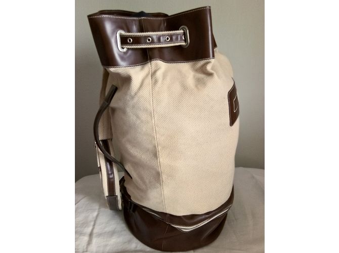 Borsa da viaggio Corneliani in tela beige e pelle marrone - vista 6