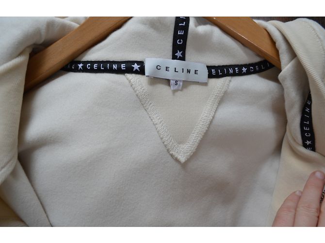 Céline Off-White Ivory Sudadera con capucha con capucha de terciopelo con cremallera Talla S SMALL Beige - vista 12