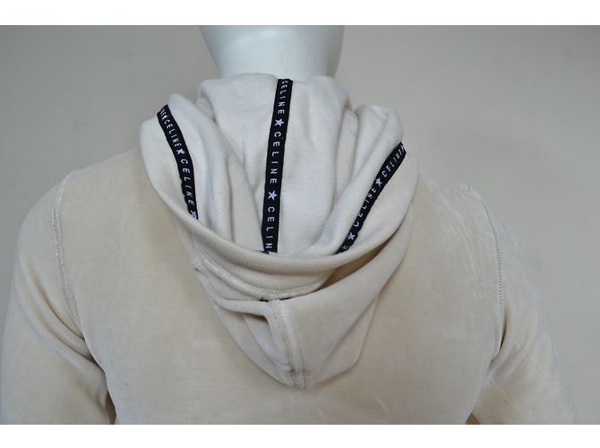 Céline Off-White Ivory Sudadera con capucha con capucha de terciopelo con cremallera Talla S SMALL Beige - vista 9