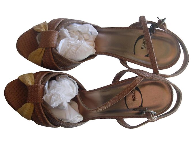 Just Cavalli Sandali in pelle con pelle di serpente Beige Cognac Bianco sporco - vista 2
