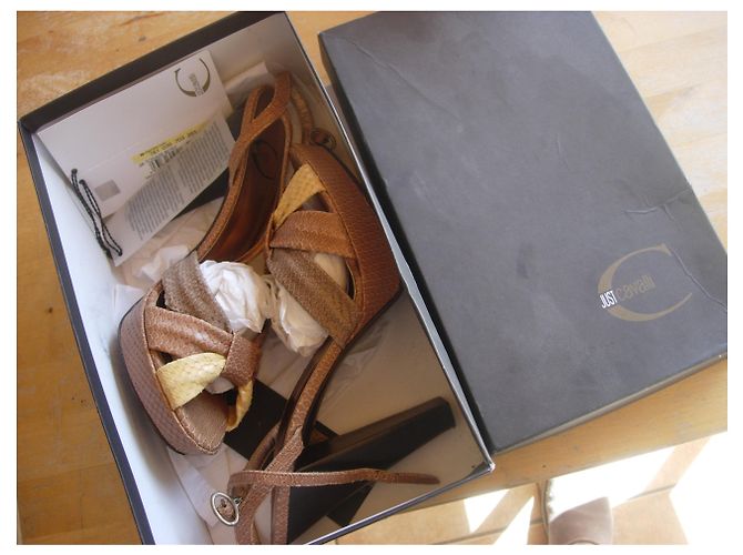 Just Cavalli Sandali in pelle con pelle di serpente Beige Cognac Bianco sporco - vista 3