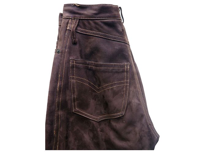 Autre Marque Pantalones de cuero chocolate con costuras. Marrón oscuro - vista 2