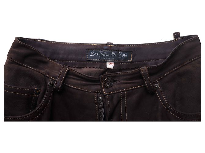 Autre Marque Pantalones de cuero chocolate con costuras. Marrón oscuro - vista 3