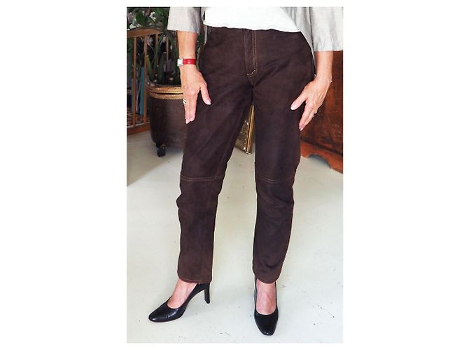 Autre Marque Pantalones de cuero chocolate con costuras. Marrón oscuro - vista 5