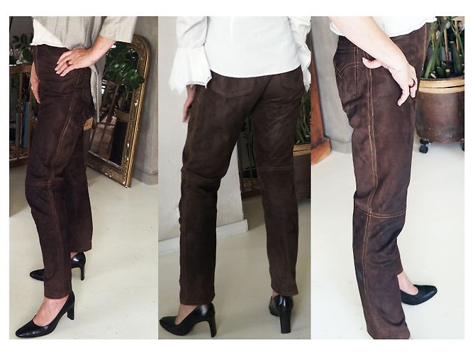 Autre Marque Pantalones de cuero chocolate con costuras. Marrón oscuro - vista 6