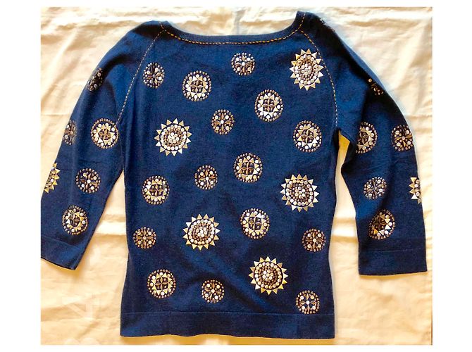 Pull Irié en coton bleu jean avec motifs rosaces à paillettes - vue 2