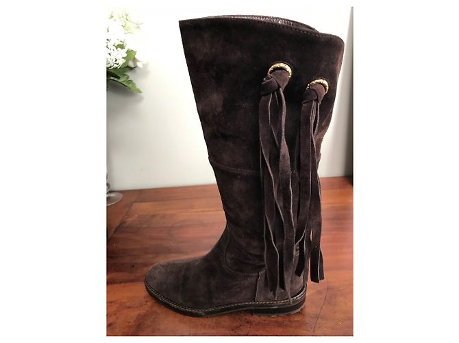 Botas altas Chanel de piel de ciervo marrón oscuro - vista 5