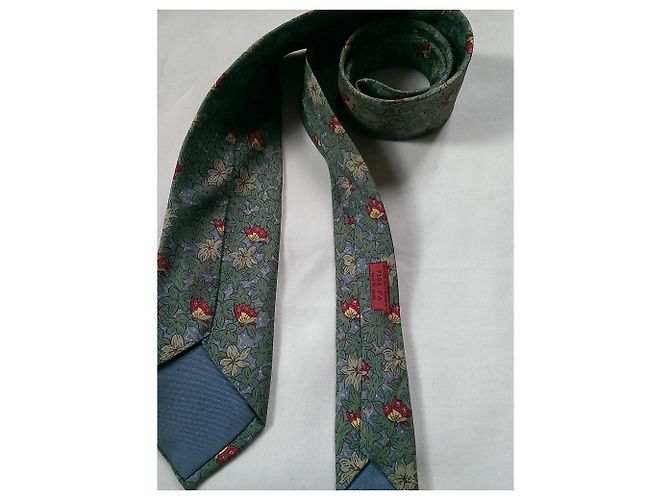 Cravatta Hermès sottile in seta fiori verde e grigio - vista 5