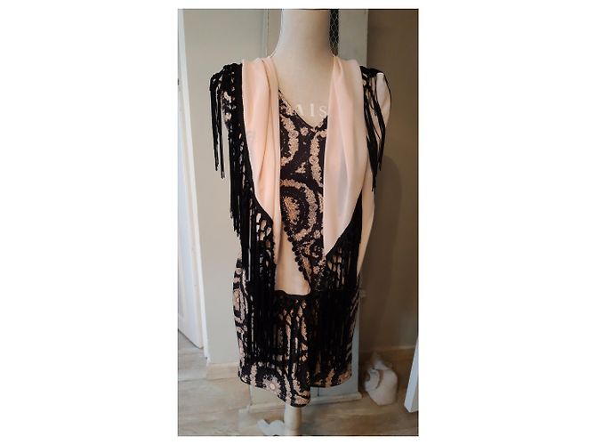 Autre Marque Abito Valeria Derbais Beige e Nero con Frange - vista 4