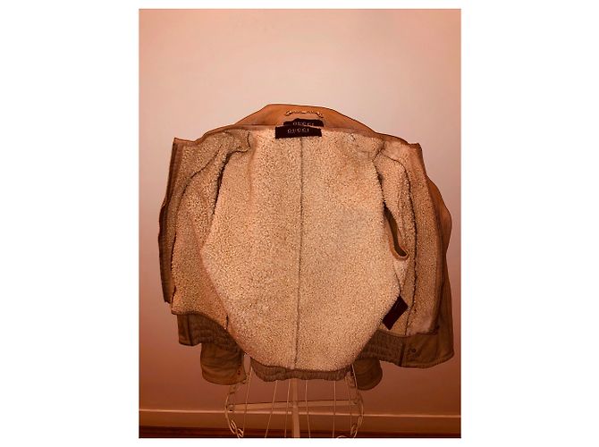 Gucci beige gold nubuck leather jacket with logo lining and detachable sheep waistcoat - view 4