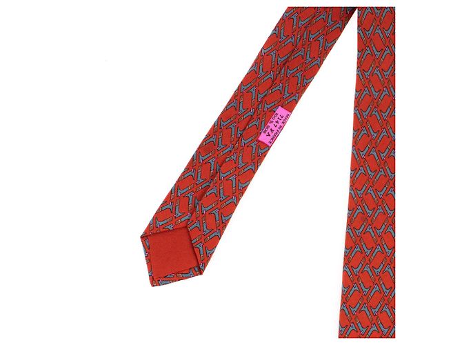 Hermès printed silk tie with geometric print, In very good shape! Red - view 3