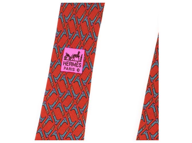 Hermès printed silk tie with geometric print, In very good shape! Red - view 4