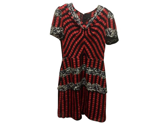 Anna Sui Seidenkleid mit Streifen und Blumen Schwarz Rot - Ansicht 2